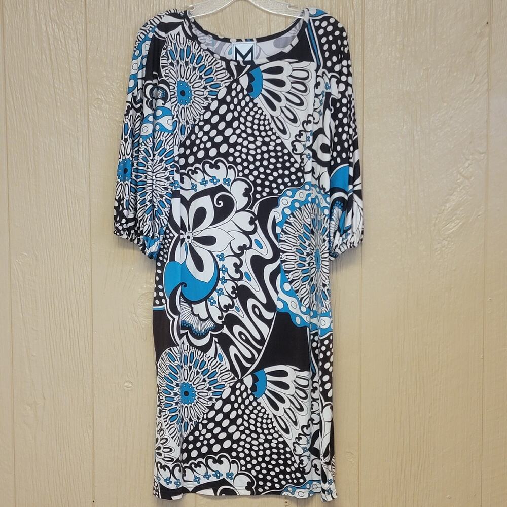 Marc Bouwer Midi Dress sz M Brown Teal Cream Geometric Floral Midi Straight
